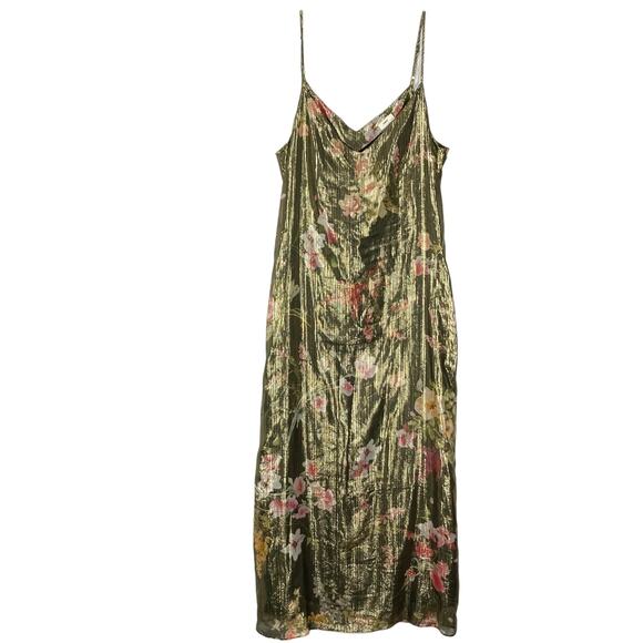 NWT WARM Dress 0 Silk Slip Gold-Shimmer-Glitter-Stripe Floral-Sheer-Overlay Lind - Picture 1 of 7
